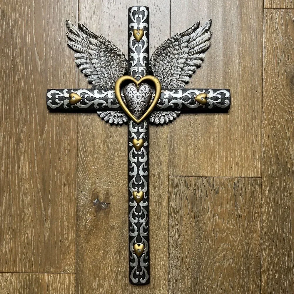 Angel Wings Cross Wall Hanging Resin Silver Gold Spiritual Religious Decor 20